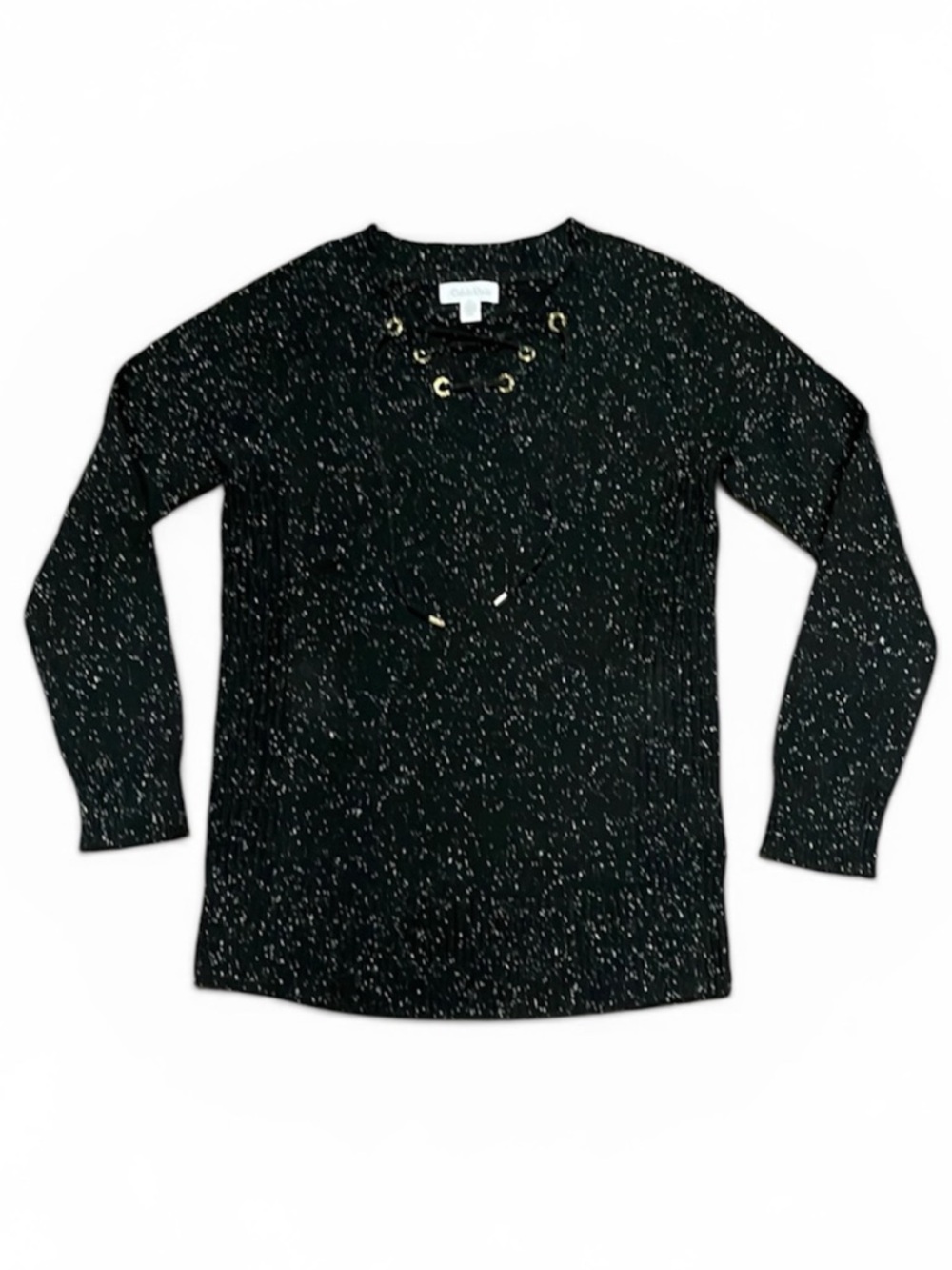 NEW - Calvin Klein sweater - black w white specs and gold hardware at neckline